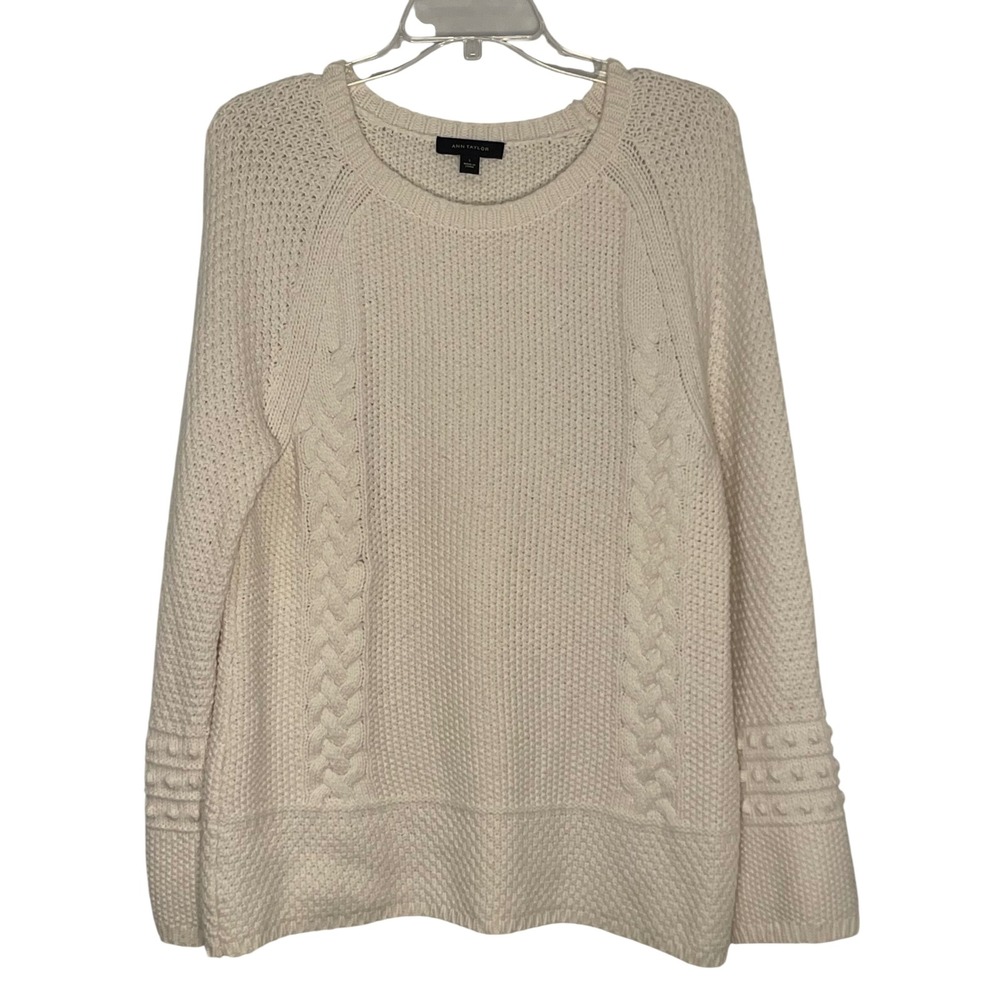 Ann Taylor Women's Large Cream Cable Knit Bobble Sleeve Wool Blend Sweater